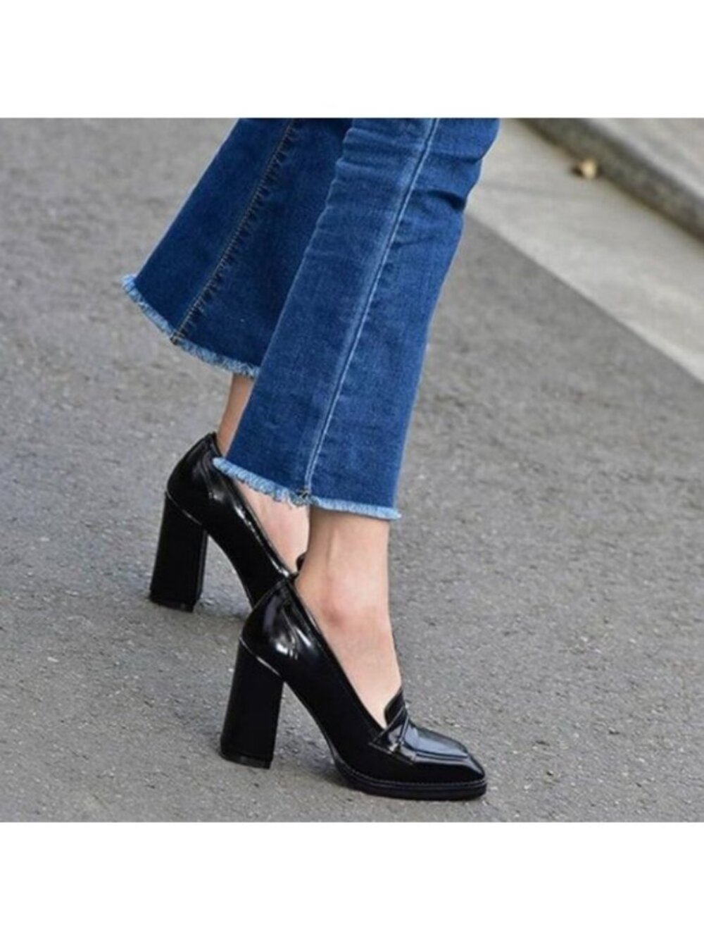 FOWT Black High Block Heels Loafers for Women Classical Square Toe School Pumps